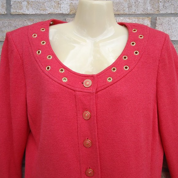 SIZE 10. ST. JOHN Collection coral crepe knit button up blazer. - Picture 2 of 16